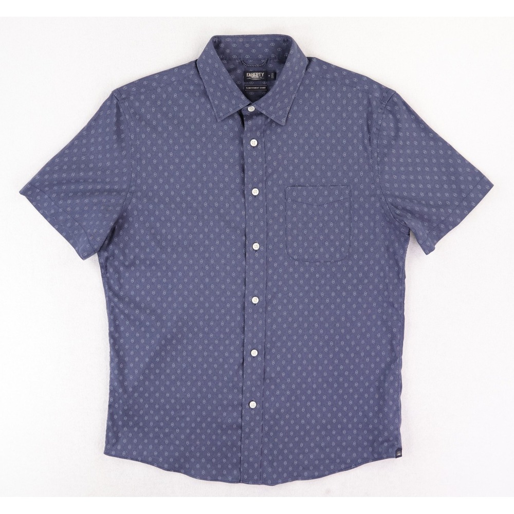 Faherty Movement Shirt Mens Medium Blue Geometric Short Sleeve Stretch MWS2330